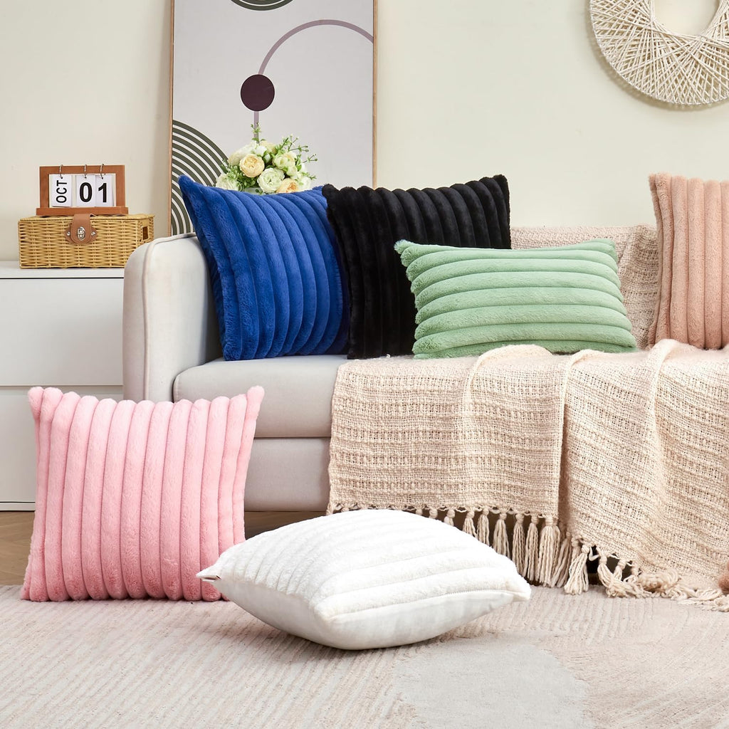 Throw Pillow Covers Decorative Faux Fur Set of 2 12x20 Inch Pillow Covers, Soft Navy Blue Lumbar Plush Striped