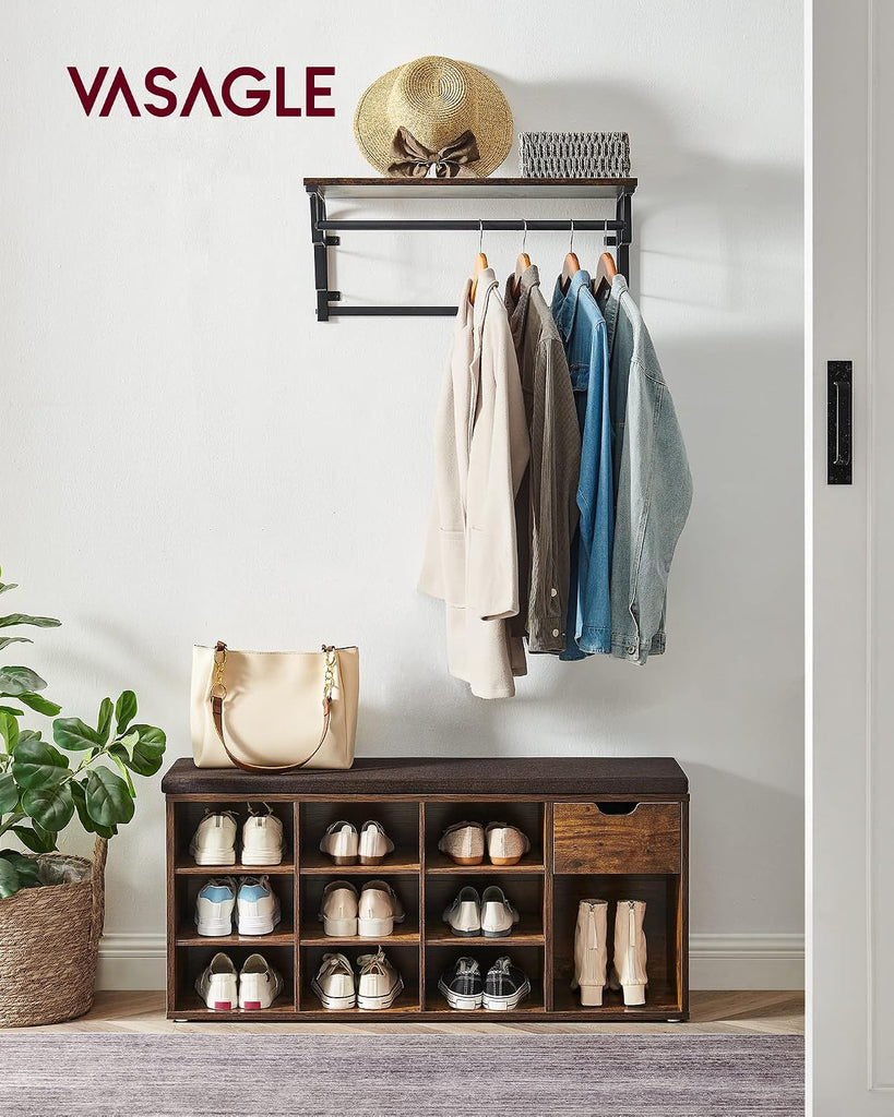 Storage Bench, Entryway Bench with Cushion, Drawer and Open Compartments, Bench with Storage, Living