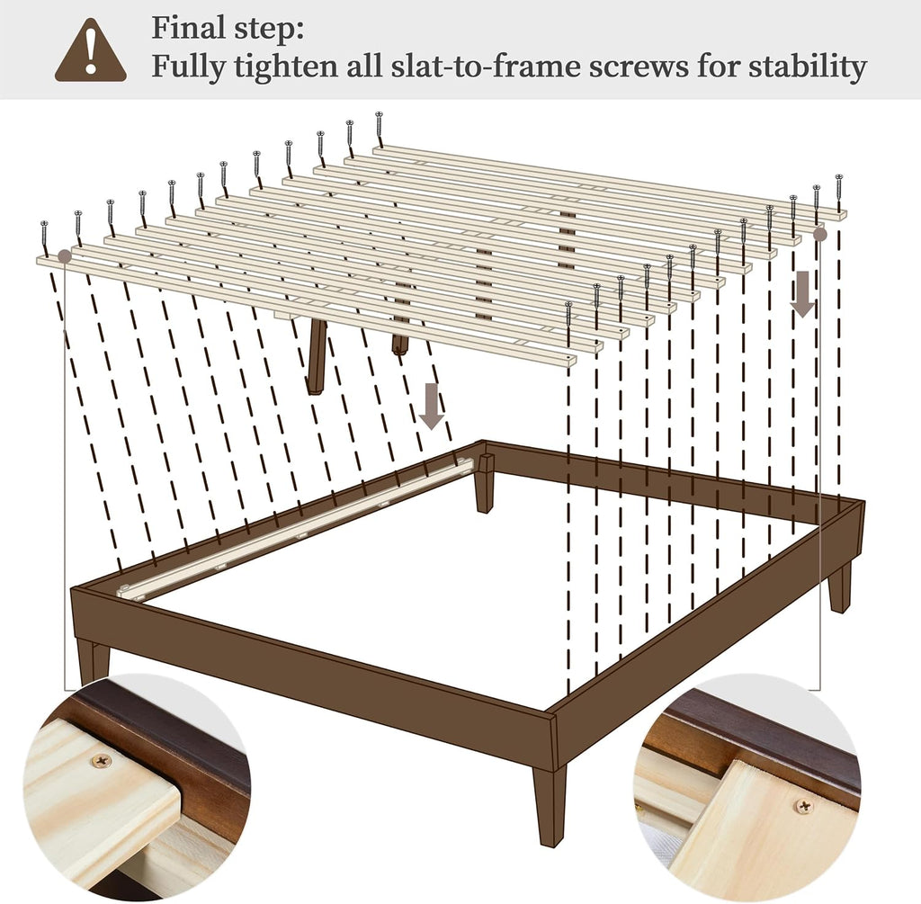 Queen Bed Frame Natural Solid Wood Platform Bed with Wooden Slats Support, 7.3-inch Underbed Space for Storage