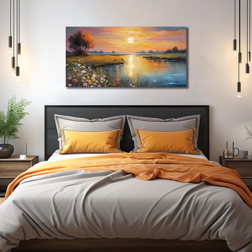 Orange Yellow Sunset Lake Landscape Canvas Wall Art with Vibrant Colorful Wildflowers & Distant Mountain, Serene