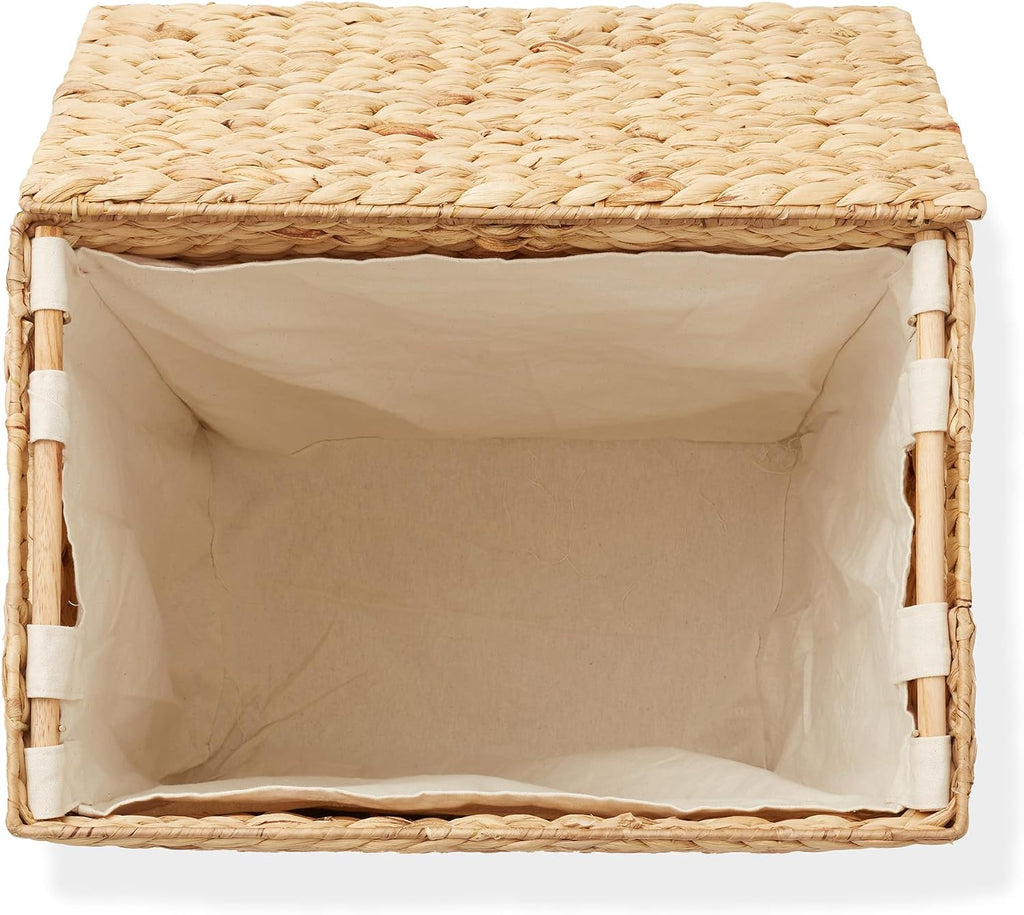 Large Laundry Hamper with Lid and Removable Liner Bag - Natural, Woven Water Hyacinth Rectangular Laundry Basket