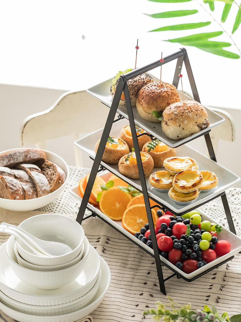 3 Tier Serving Tray Tiered Tray Stand, 10+12+14 Inch, Black | Ceramic Serving Platters and Trays with Metal Rack