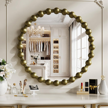 Round Vintage Vanity Mirror, 24 Inch Beaded Frame Circle Wall Mirror