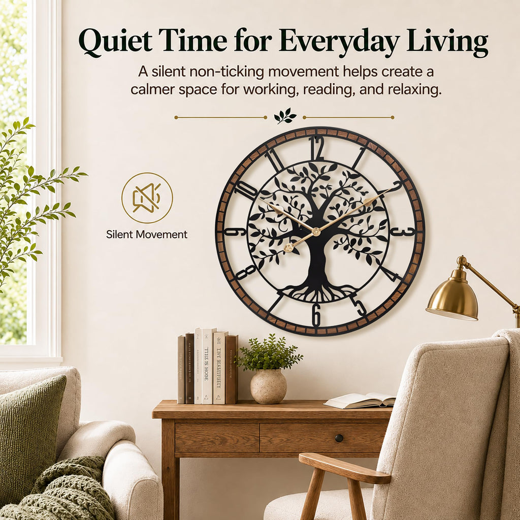 24 Inch Large Modern Metal Tree Wall Clock Decor, Wood Frame