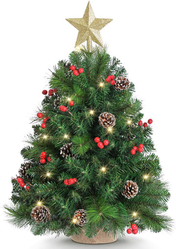 Tabletop Pre-lit Christmas Tree with Star Treetop, 1 to 4 ft, Clear LED Lights, Artificial Xmas with Burlap Base for Table