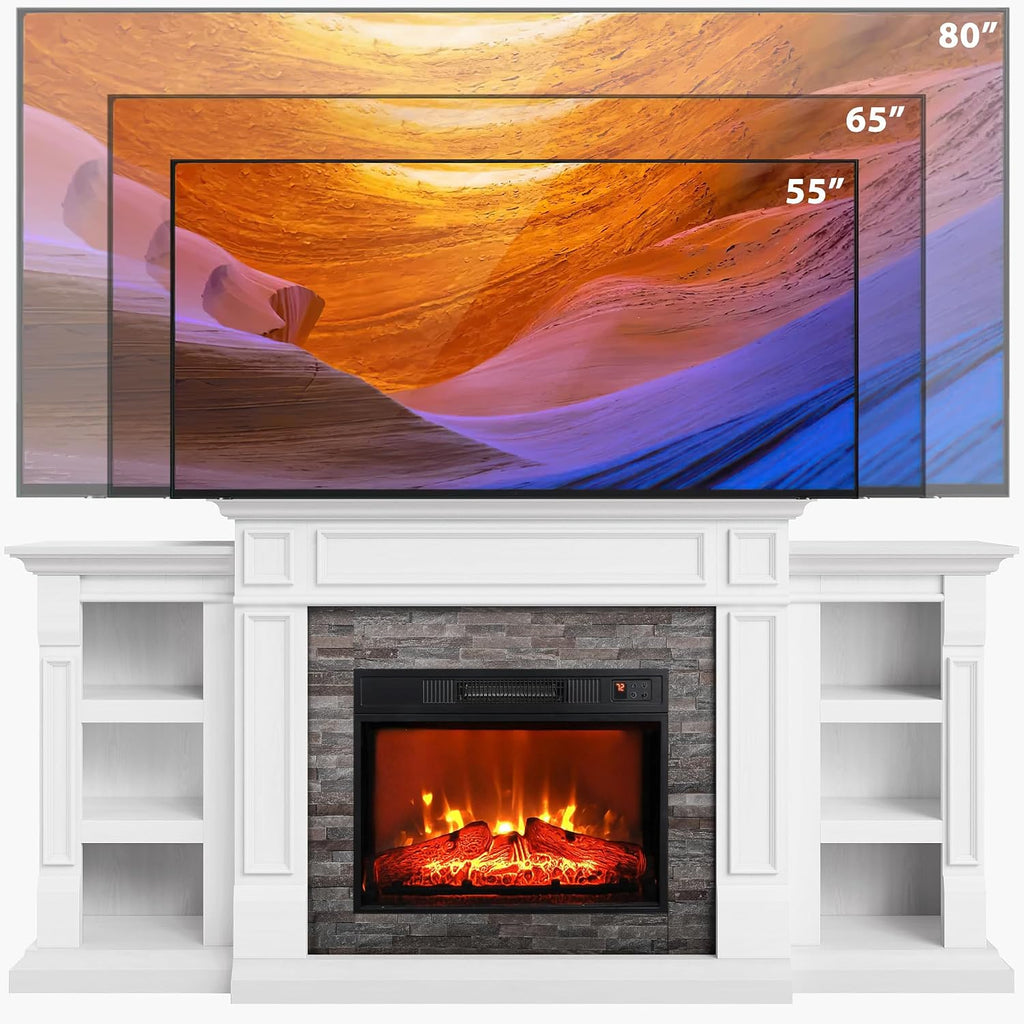 72" Electric Fireplace with Mantel and Cabinets, Fireplace TV Stand for Living Room Bedroom, Stacked Stone Surround