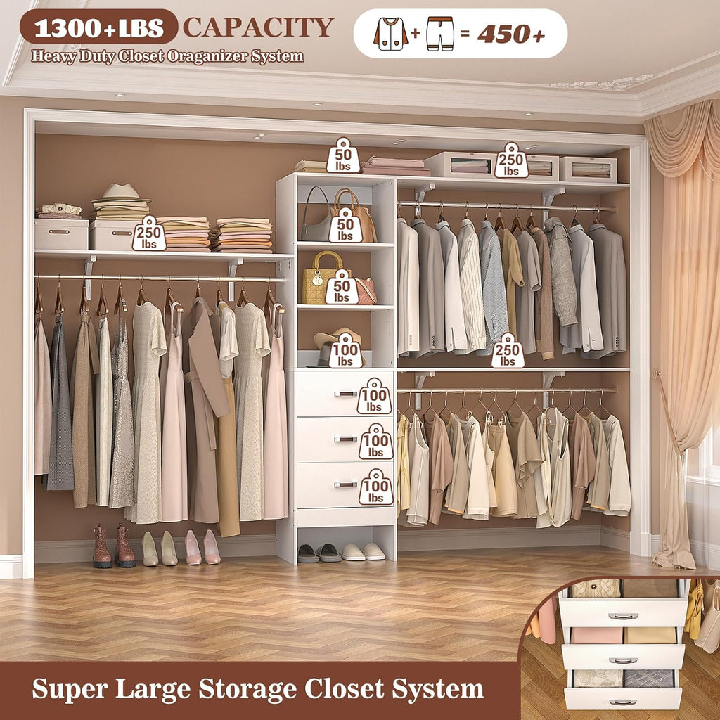 120 Inches Closet System, 10FT Walk In Closet Organizer with 3 Shelving Towers, Heavy Duty Clothes Rack with 3