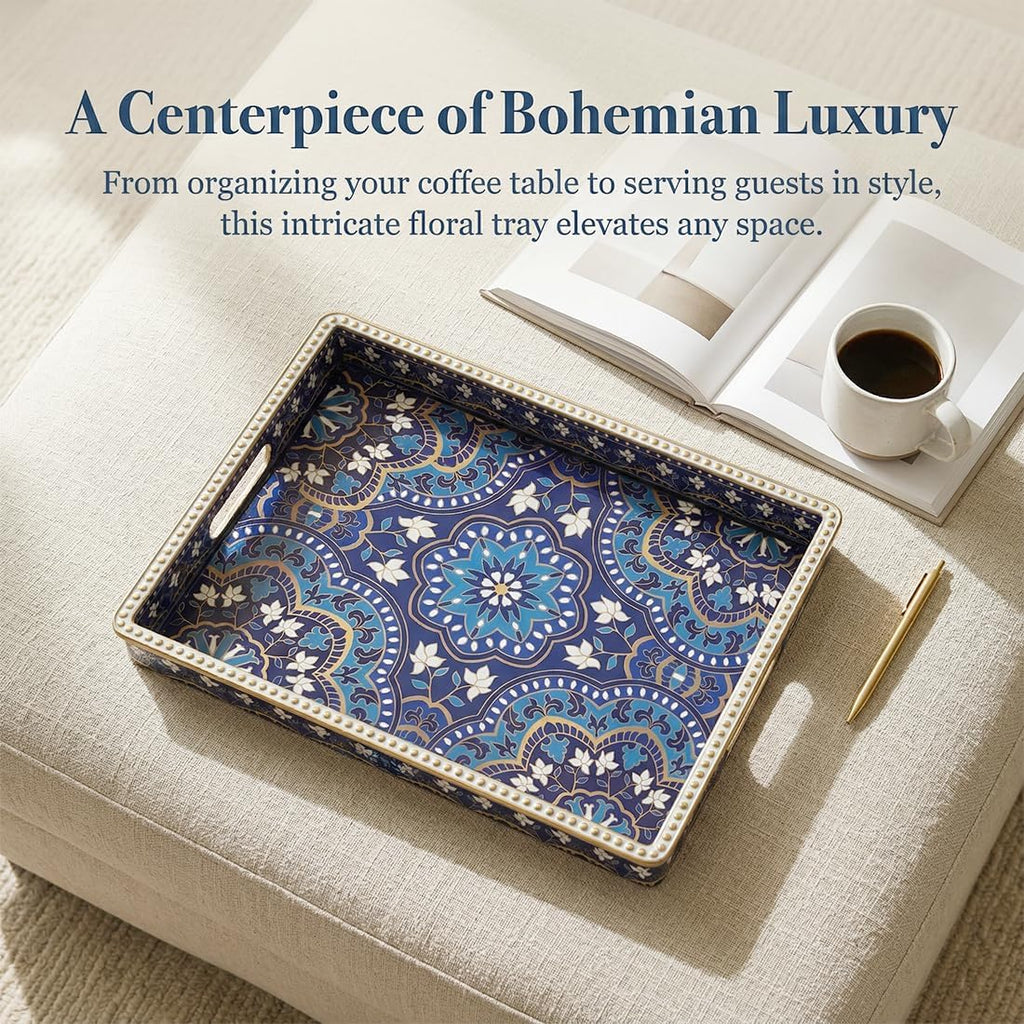 Boho Serving Tray with Handles, Large Rectangular Decorative Ottoman Tray with Gold Beaded Rim, Blue Floral Mandala