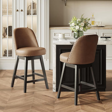 Swivel Bar Stools Set of 2, PU Leather Mid Century Mondern Barstools, 26 inch Counter Height Bar Chairs with Solid