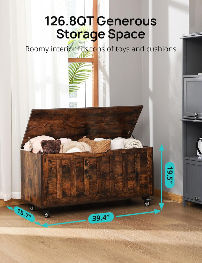 Storage Chest, 39.4'' Wooden Storage Bench with 4 Wheels & 2 Safety Hinges, Retro Toy Box Support 300 lbs , Easy
