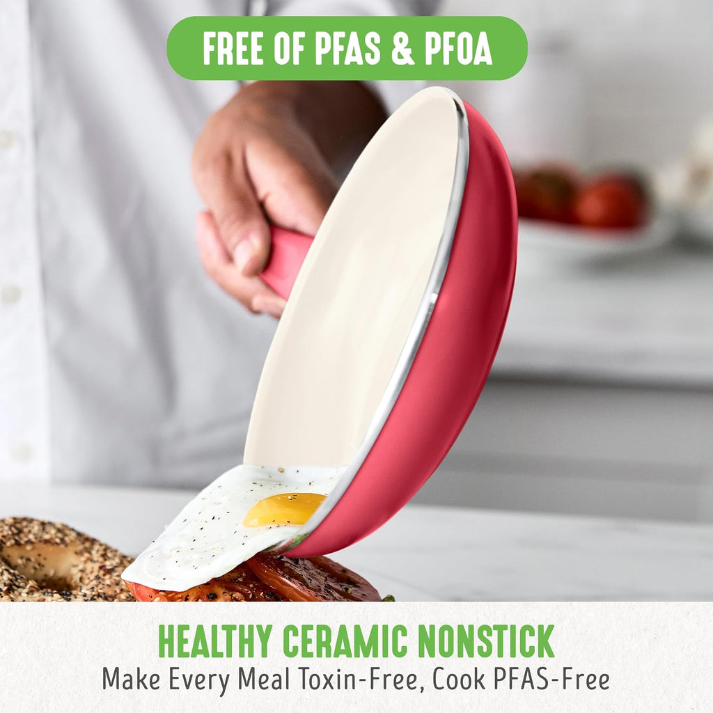 16 Piece Nonstick Cookware Set, Soft Grip Non-Toxic PFAS-Free Ceramic Pots & Pans, Dishwasher & Oven Safe, Frying