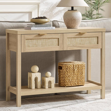 Rattan Console Table - Boho Entryway Table with Storage and Drawers, Small Entry Tables Behind Couch Table Sofa Table