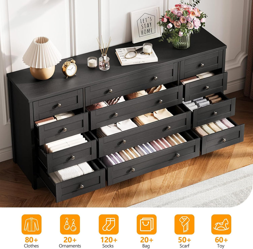 12 Drawer Wood Dresser - 63" Wide Chest of Drawers, Modern Storage Cabinet , Fits 65 Inch TV, Sturdy Wood