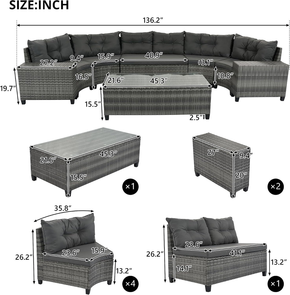 Half-Moon Curved Outdoor Sectional Sofa and Side Table, Wicker Rattan Patio Coversation Set 8 Piece, Gray