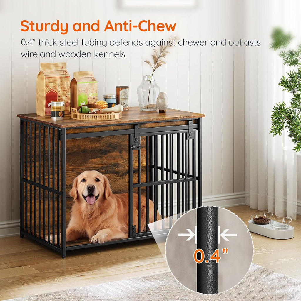 Dog Crate Furniture, 36.6" Heavy Duty Dog Kennel with Sliding Barn Door, Wooden Dog Cage Indoor