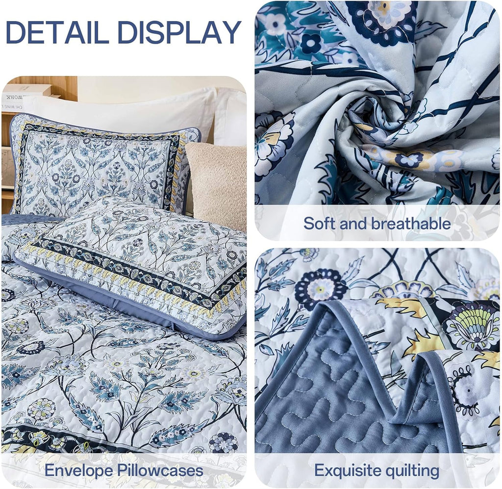 Quilt Sets, Navy Blue Floral Quilt Set 3 Pieces Boho Bedspread Coverlet Set with 2 Pillowcases Soft