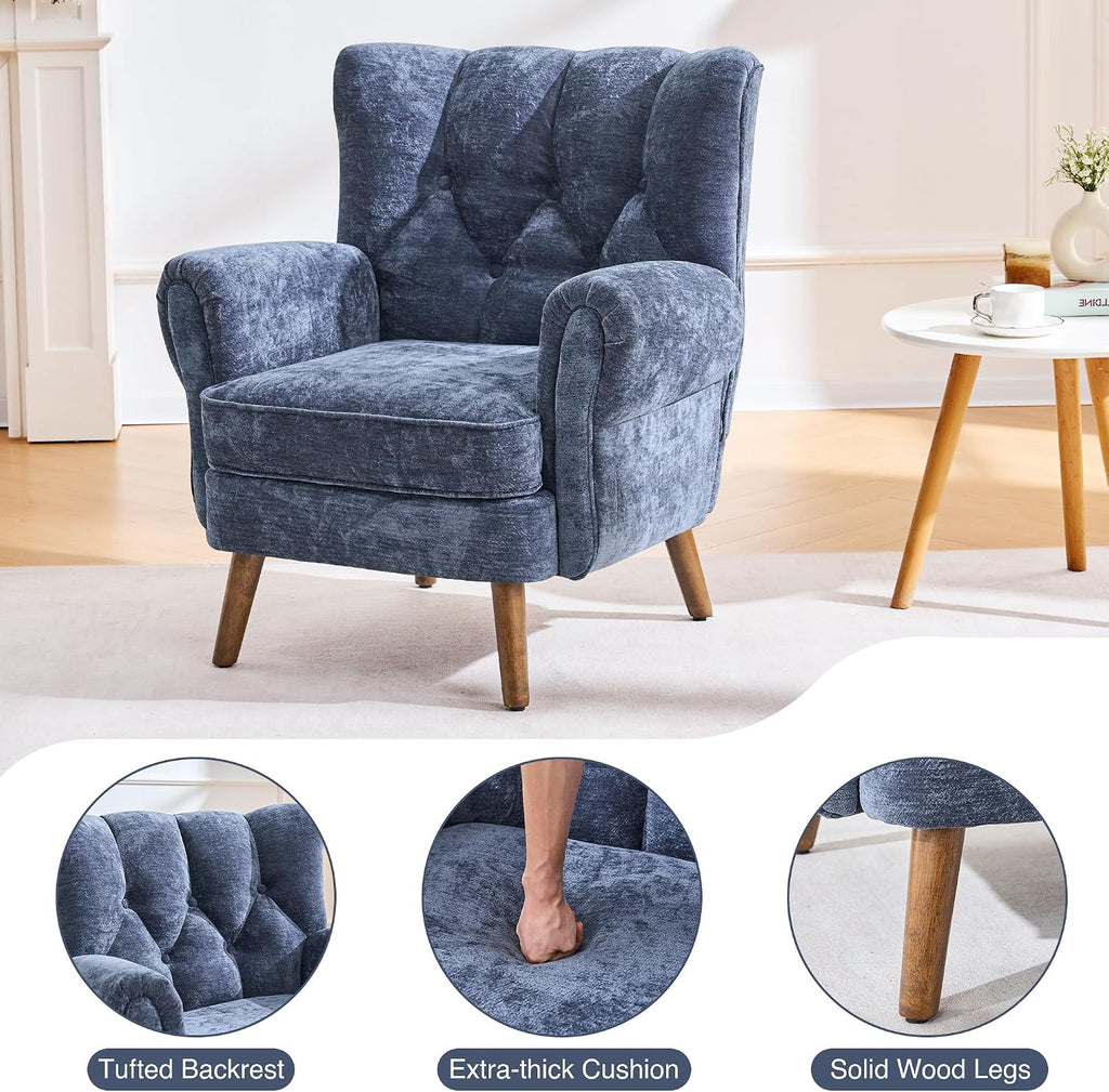 Wingback Accent Chairs , Mid-Century Modern Living Room Chairs, High Wingback Reading Chair, Chenille Tufted