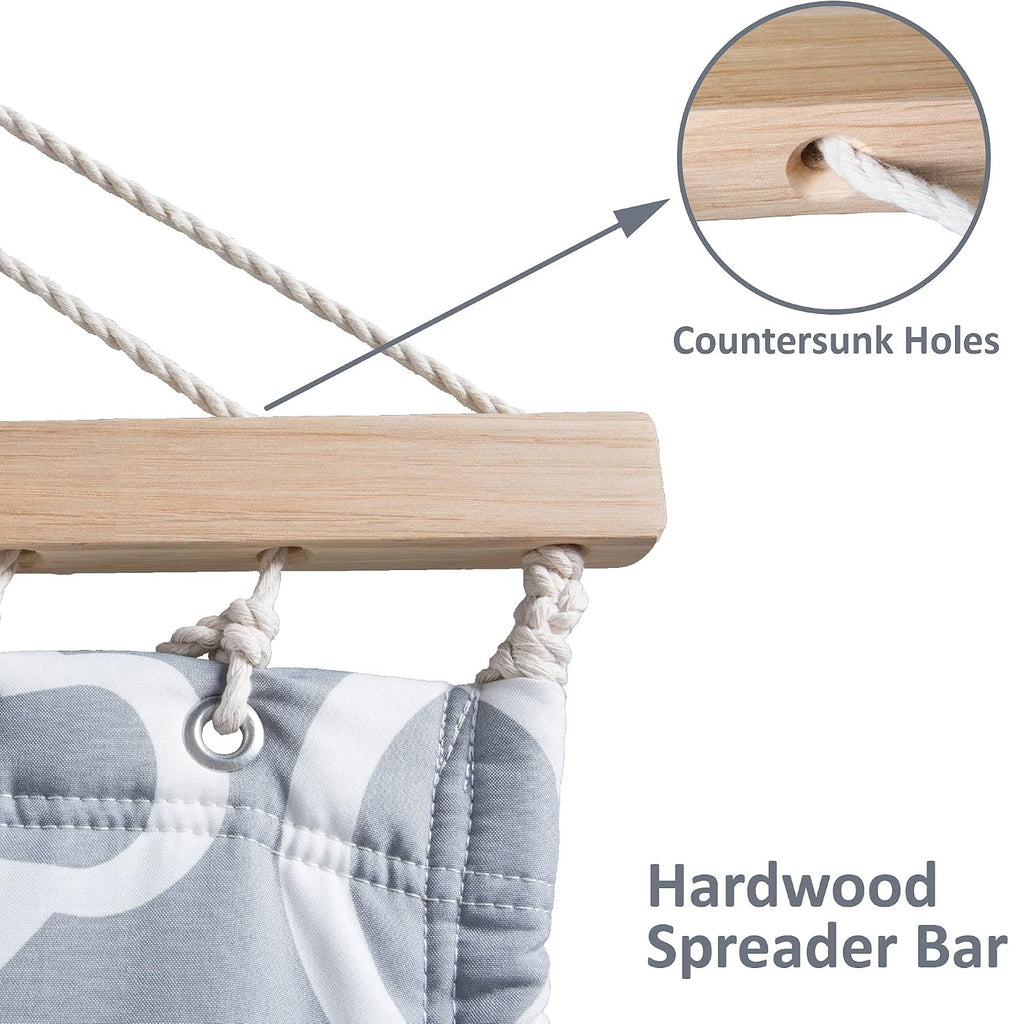 Double Quilted Hammock with Hardwood Spreader Bar, Grey Pattern | Heavy Duty 2 Person Hammock with Extra Large Soft
