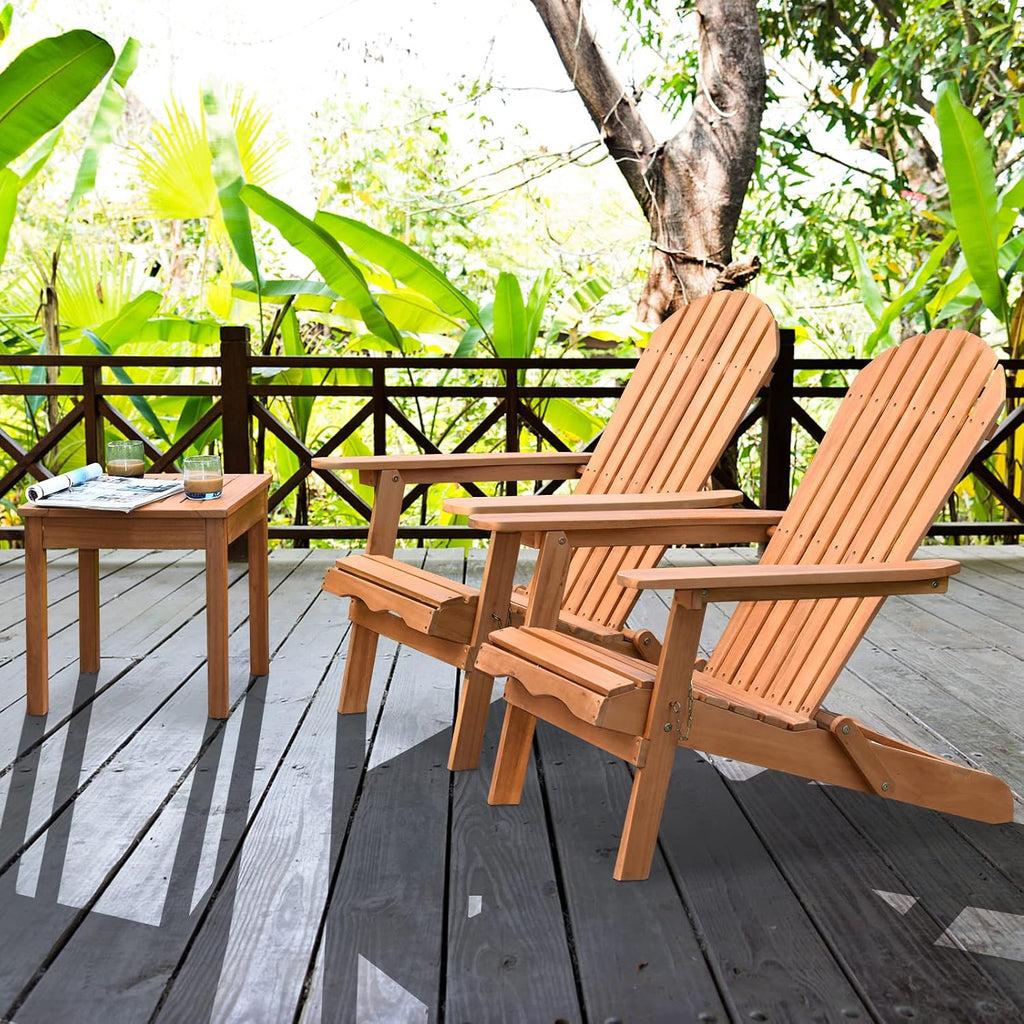 3 Pieces Adirondack Chair Set, Outdoor Wood Furniture Set with 2 Folding Lounge Chairs & Side Table, Widened Armrest