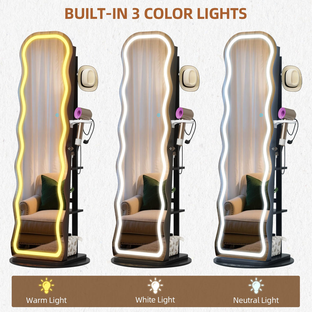 LED Mirror Jewelry Cabinet Standing, 360° Swivel, Black