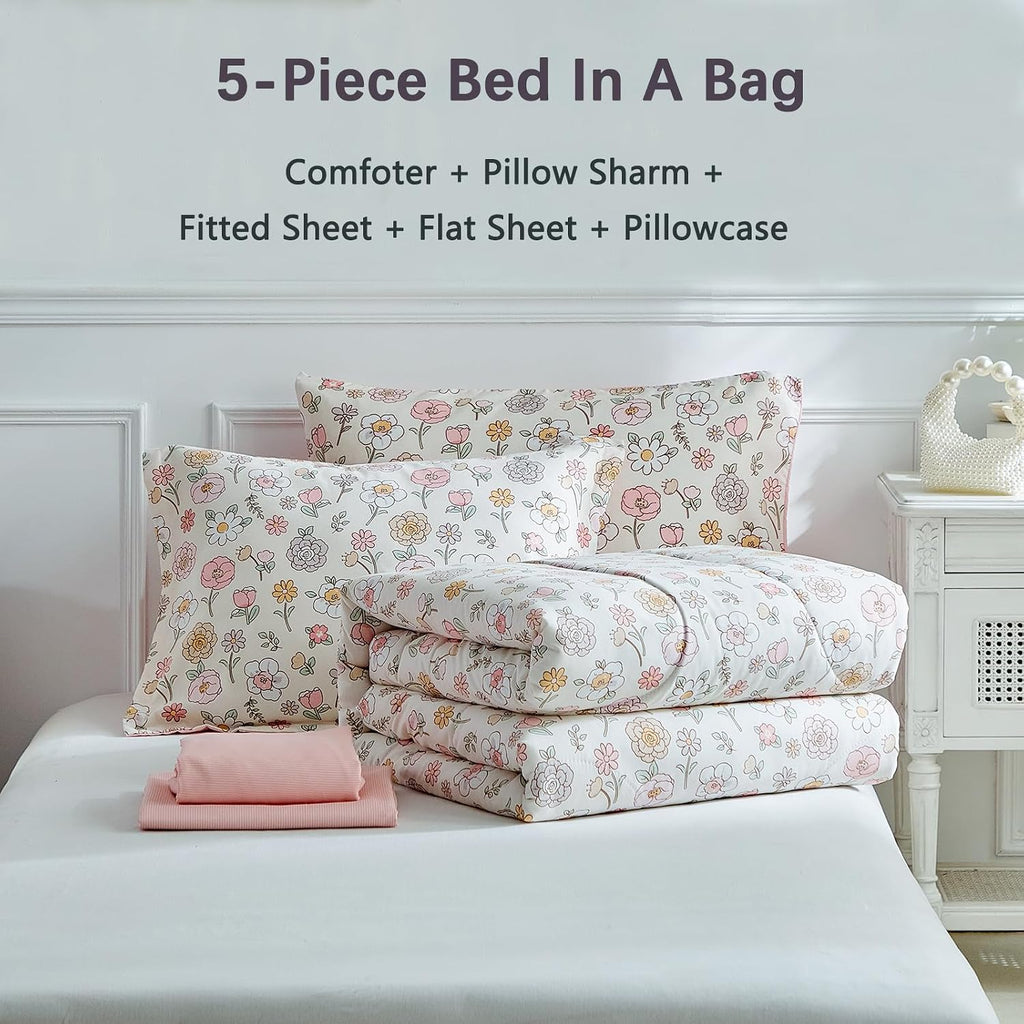 Floral Twin Comforter Set,5 Pieces Twin Bedding Set for Girls,Twin Bed in a Bag, All Season Kids Sheet Set with Comforter, Flat Sheet, Fitted Sheet, Pillowcase and Pillow Sham-Pink Floral