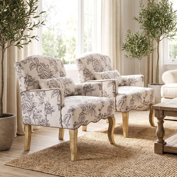 Floral Accent Chairs Set of 2 Fabric Comfy Single Sofa Upholstered Modern Reading Chair with Removable Pillow