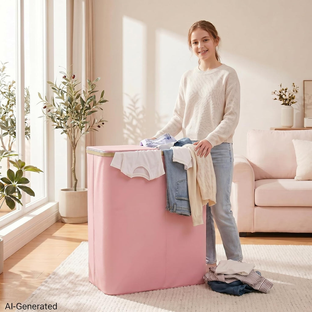 160L Double Laundry Basket Hamper with Lid & Removable Bags, Pink | Extra large 2-section collapsible clothes hamper