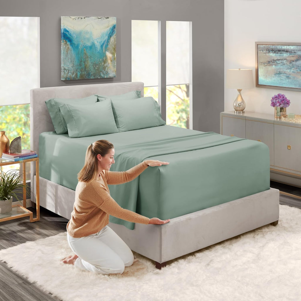 Extra Deep Pocket Sheet Sets, Luxury Soft 6 Piece Bed Sheet Set Fits Mattress 18-24 Inches - Queen, Sage Green New