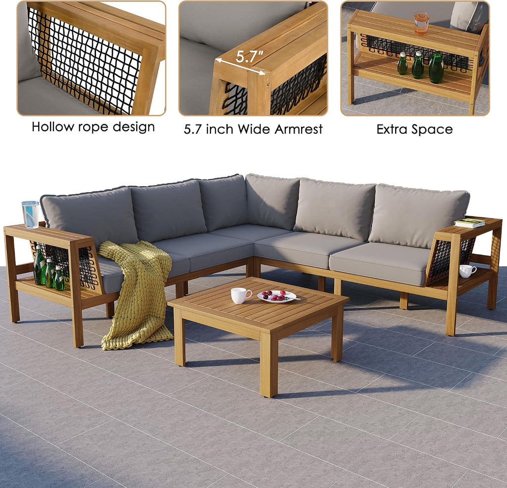 4 Pieces Patio Furniture Set, Outdoor L-Shaped Sectional Sofa Set with Coffee Table, Acacia Wood Conversation Seating
