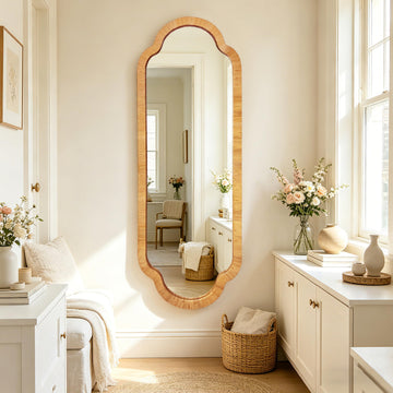 Full Length Rattan Mirror, Decorative Wall Mirrors of Hallway, Entryway, Long Scalloped 18 x 53 inch Dressing Mirror