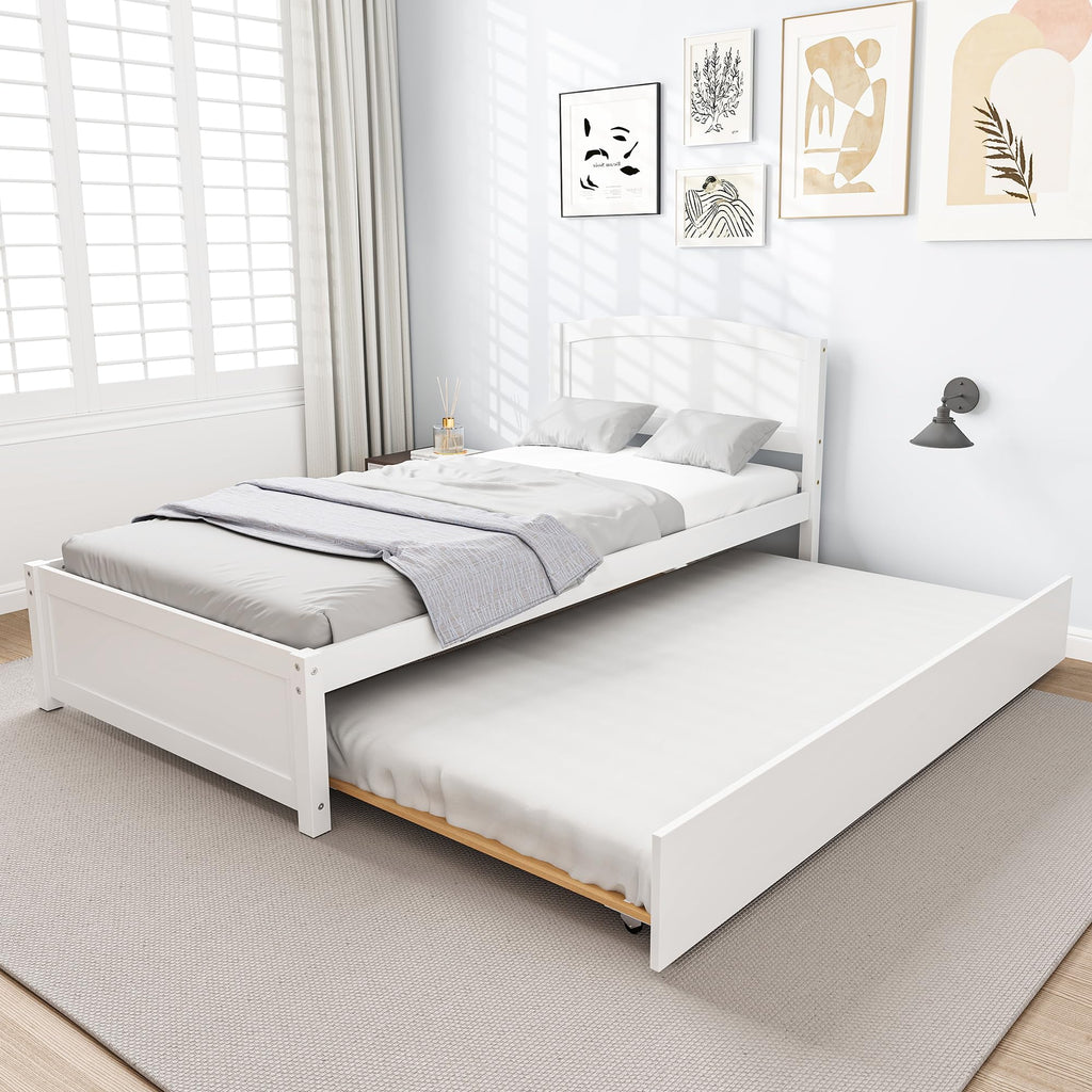 Twin Trundle Bed, Solid Wooden Pull Out Bedframe, Extendable Day Bed with Headboard and Soild Wood Slats Support