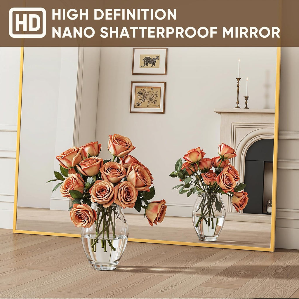 Full Length Mirror, 58"x21" Floor Mirror with Stand, Hanging Mounted Mirrors , Cloakroom, Dining Room, Gold, Rect