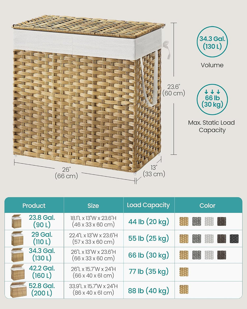 Laundry Hamper with Lid, 130L Wicker Laundry Basket | 6 Mesh Bags, 2 Removable Liner Bags, 13 x 26 x 23.6 Inches