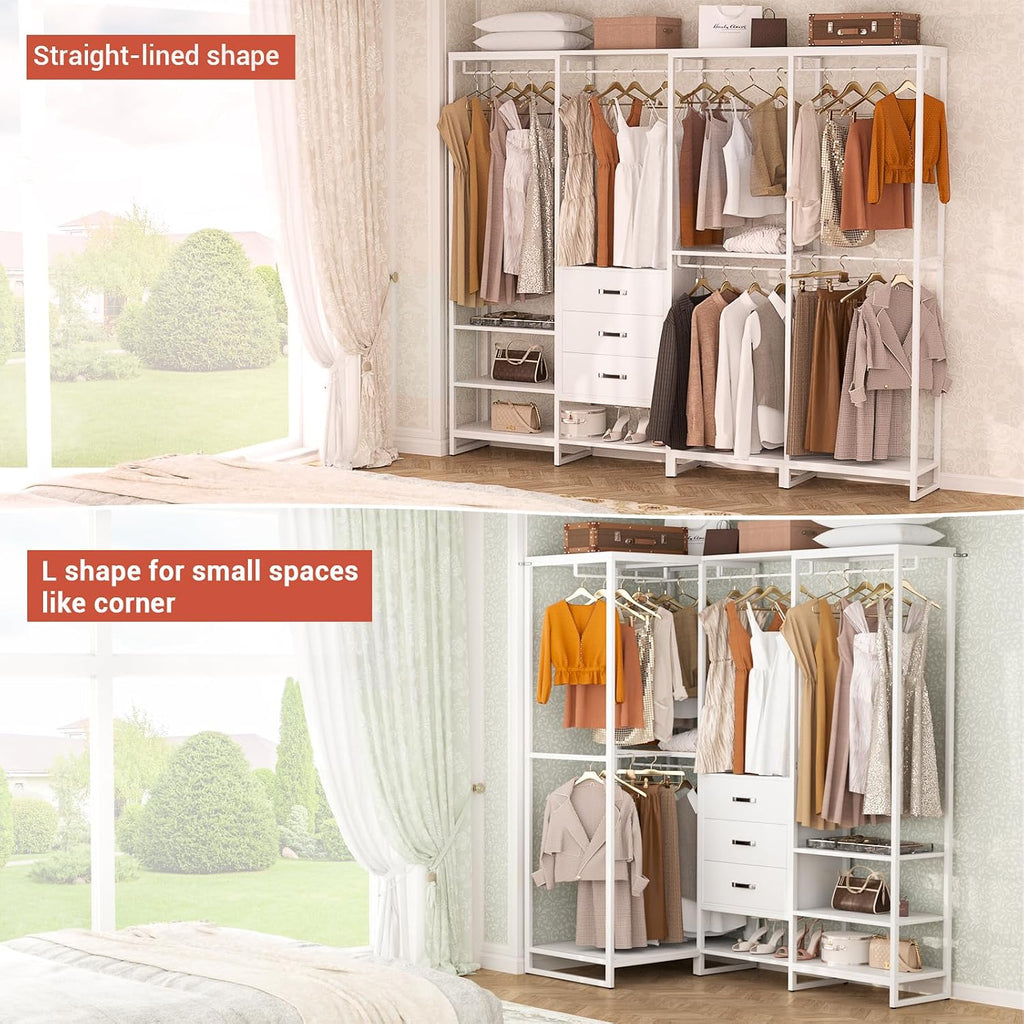 Wood Clothes Rack Wardrobe Closets for Hanging Clothes Heavy Duty Garment Rack, Large Corner L Shaped Closet System
