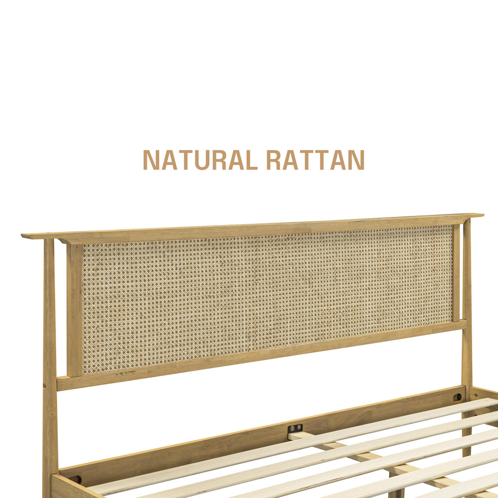 Ruby Wooden Bed Frame with Headboard and Natural Rattan, Solid Oak Foundation with Silent Slats, 1000 Lb Capacity