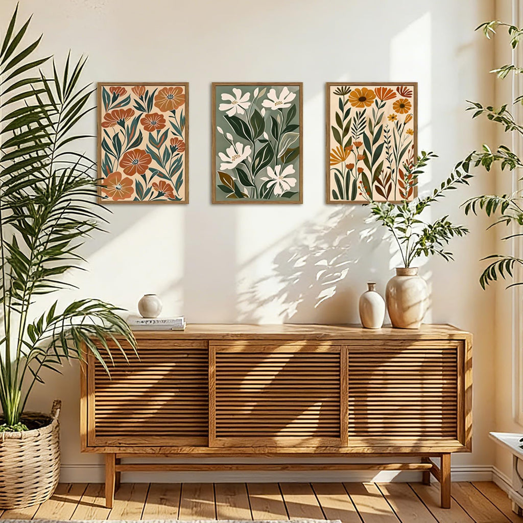 Framed Boho Floral 3 Piece Wall Art,Mid Century Modern Abstract Flower Pictures Wall Decor,Minimalist Botanical