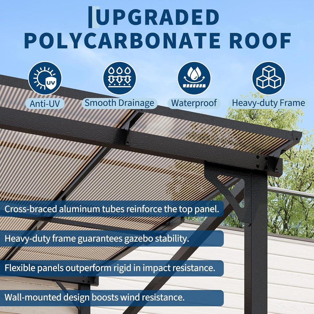 10x12ft Lean to Metal Pergola Gazebo with Hardtop Polycarbonate Roof, Wall Mounted Outdoor Pergolas for Patios
