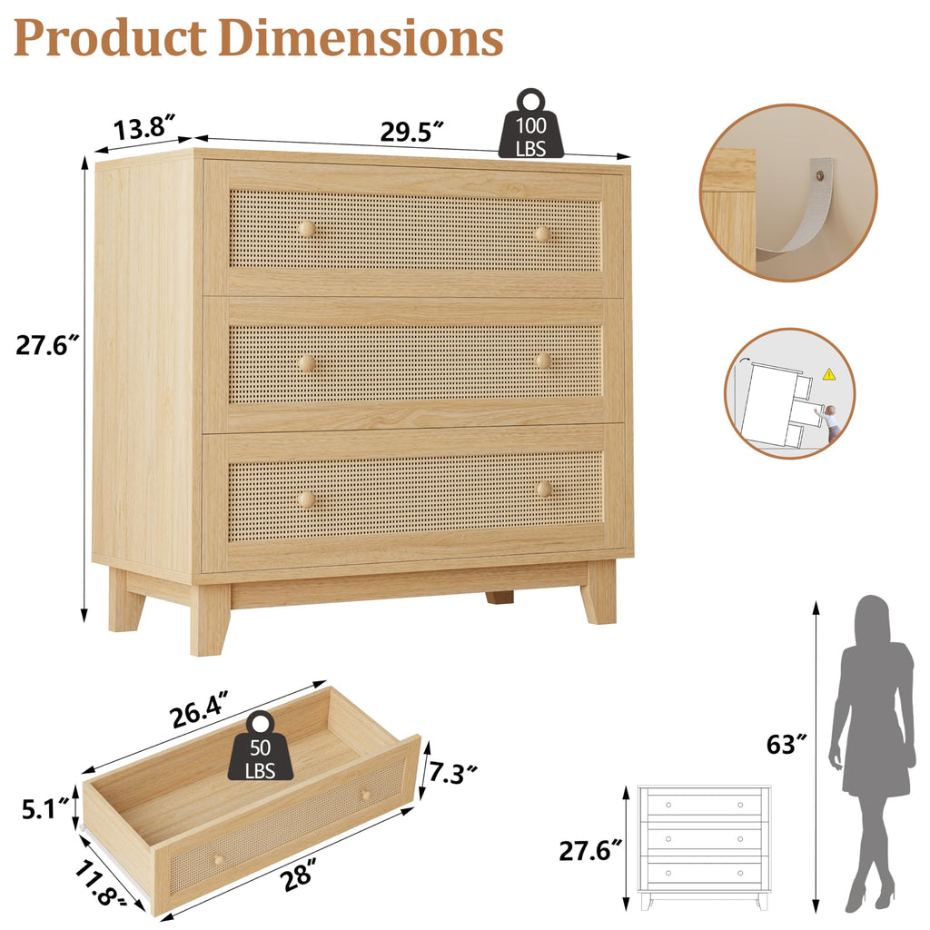 Boho Rattan 3 Drawer Dresser Nightstand, Natural Oak