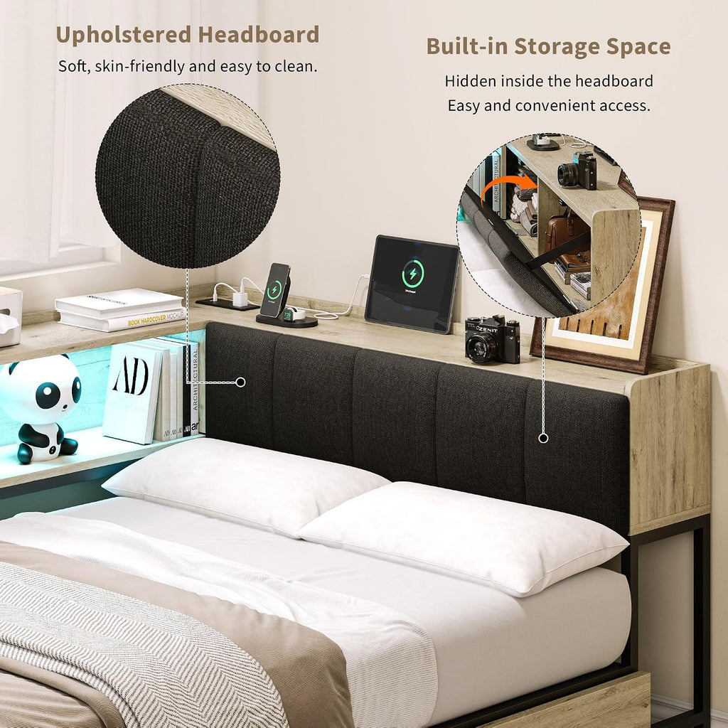 Twin Corner Bed Frame with 2 Storage Drawers, LED Lights & Charging Station, Storage Upholstered Headboard, Sturdy