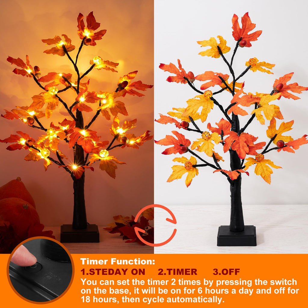 Fall Decor 2 Pack 24 Inch Maple Tree Lights - 48 LED Autumn Decorations with Pumpkins & Acorns, Timer, USB & Battery