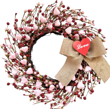 18" Artificial Valentine's Wreath, Pink and Red Heart Berry Wreath for Front Door Wall Party Wedding Decorations