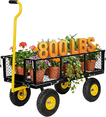 Heavy Duty 800 LBS Steel Garden Cart Wagon, Pullable Wheeled Metal Yard Utility Cart with Yellow Towing Handle