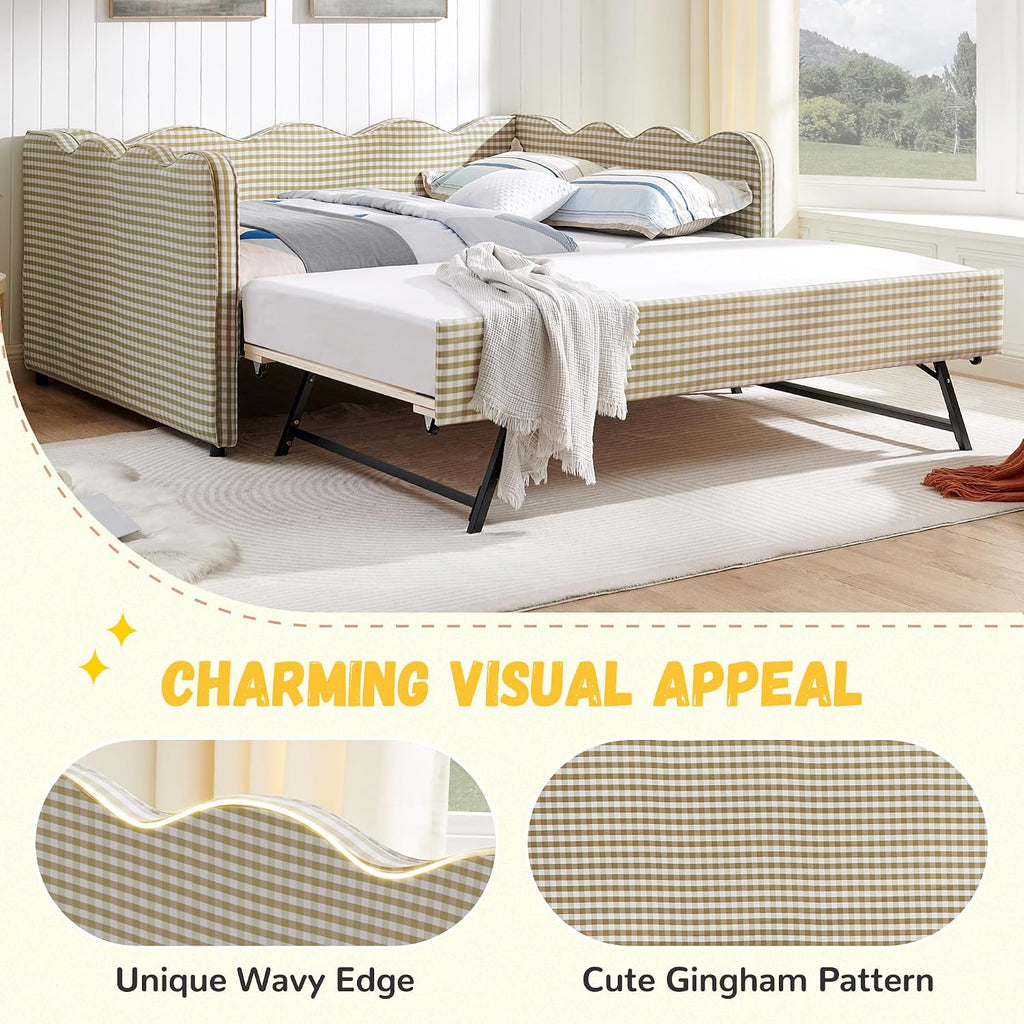 Full Size Gingham Daybed with Trundle and USB Ports | Upholstered Daybed Living Room Guest Room-Brown