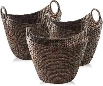 Set of 3 Multipurpose Boat Baskets with Handles - Espresso, Woven Water Hyacinth Storage Organizers for Throw