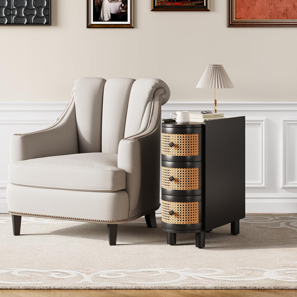 Solid Wood Set of 2, Rattan Narrow Side Table