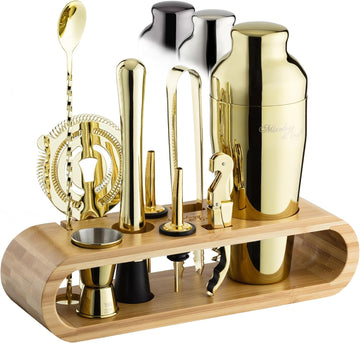 Cocktail Shaker Set with Bamboo Stand - Professional 10-Piece Bartender Kit, Complete Bar Set Use with Jigger - Set of 10