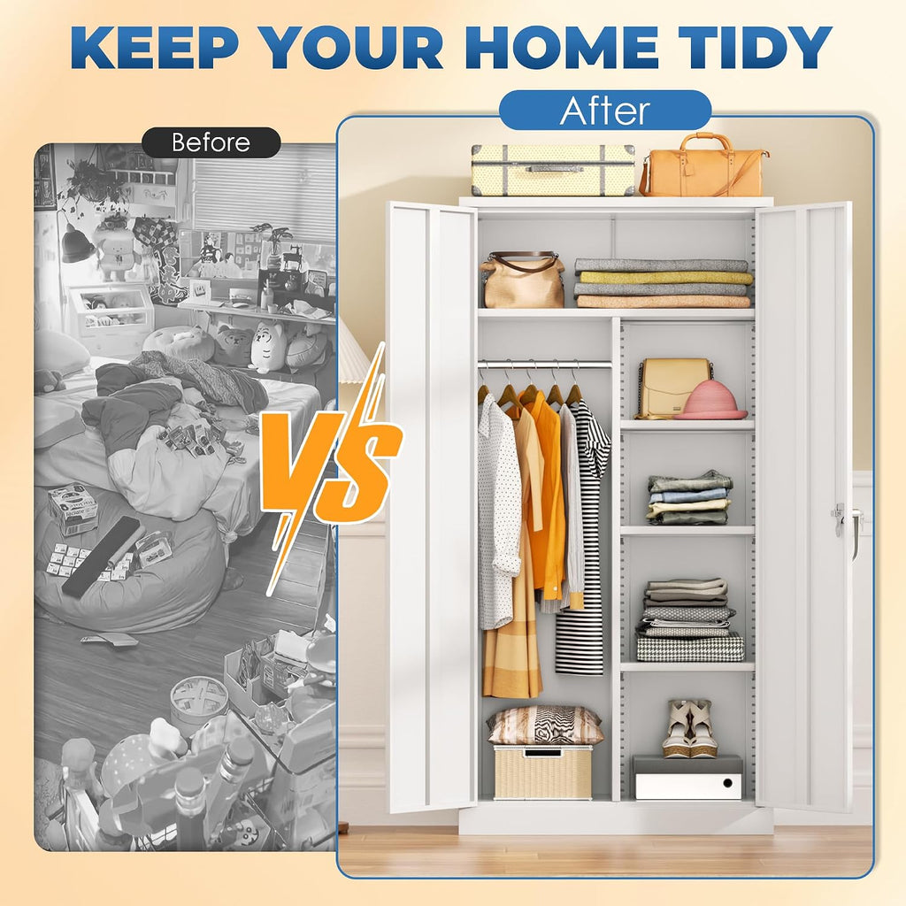 Wardrobe Cabinets with Locking Doors and Shelves, Clothing Locker 72" X 36" X 18" Storage Cabinets Room, School
