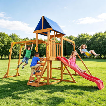 Wooden Swing Sets for Backyard | Outdoor Playground Set with Monkey Bars, Wave Slide, 2 Belt Swings, Climbing Ladder