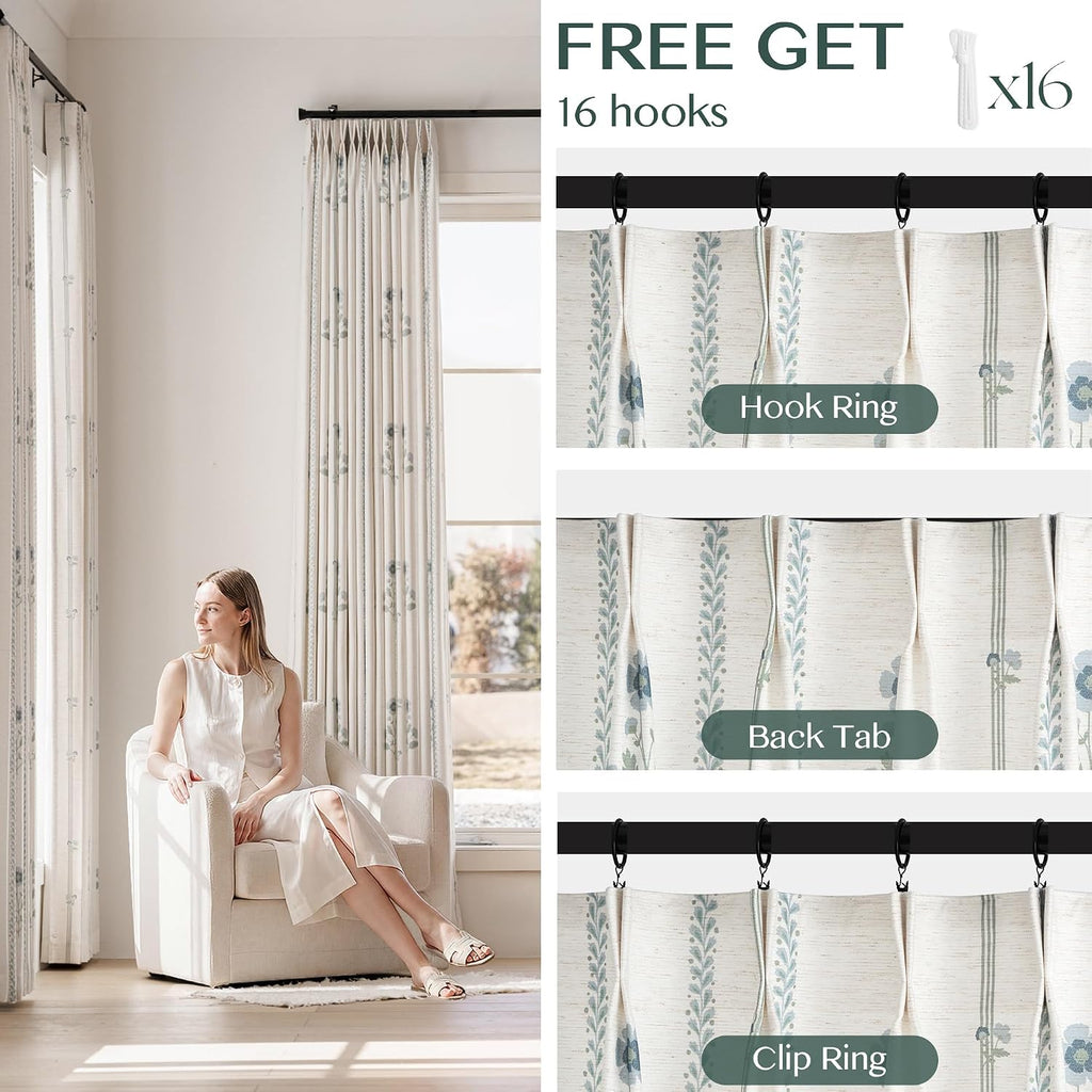 Pinch Pleated Curtains Bedroom Dining Room - 84 Inches Light Filtering Floral Curtains Luxury Linen Drapes Farmhouse