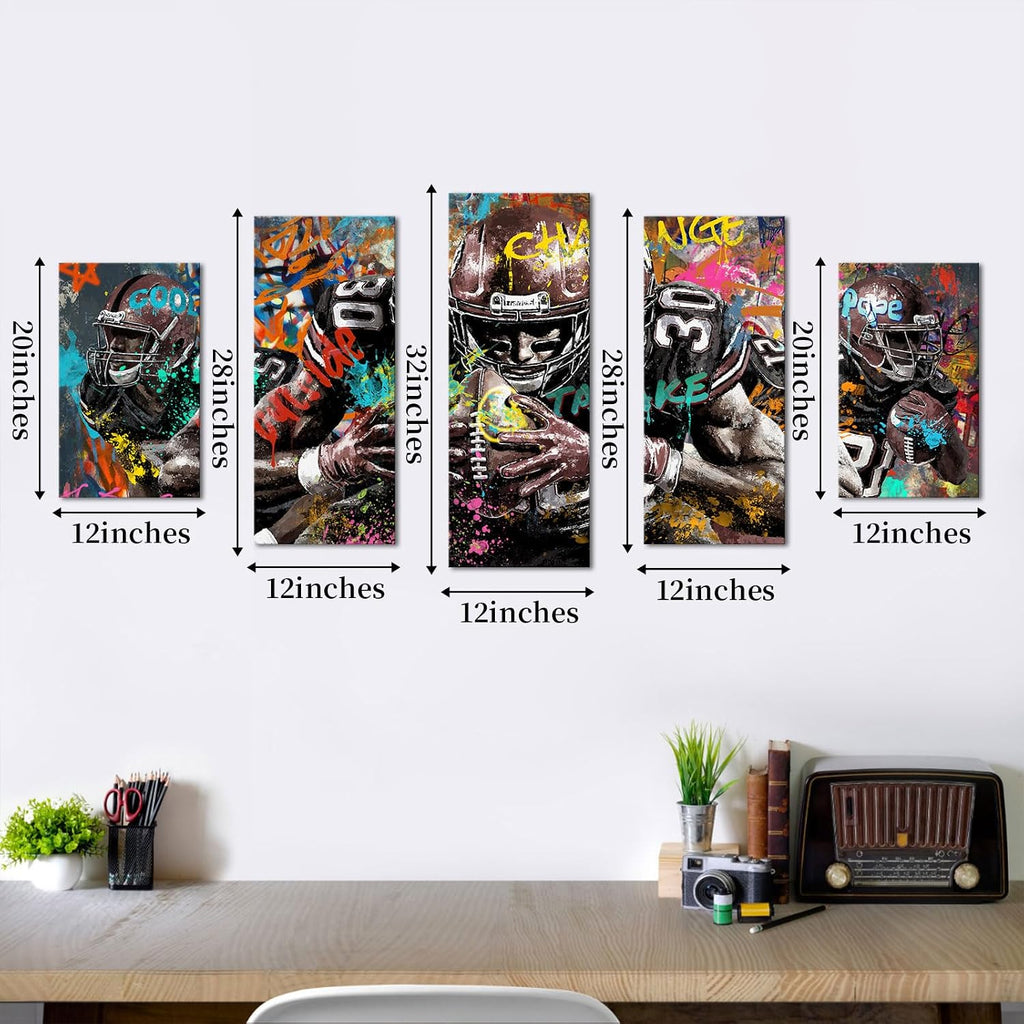 5 Pieces Graffiti American Football Wall Art Canvas Prints Sports Inspirational Athletes Pictures Artwork Large Wall